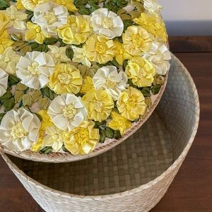 Silk embroidered yellow flora on round box lid (medium)